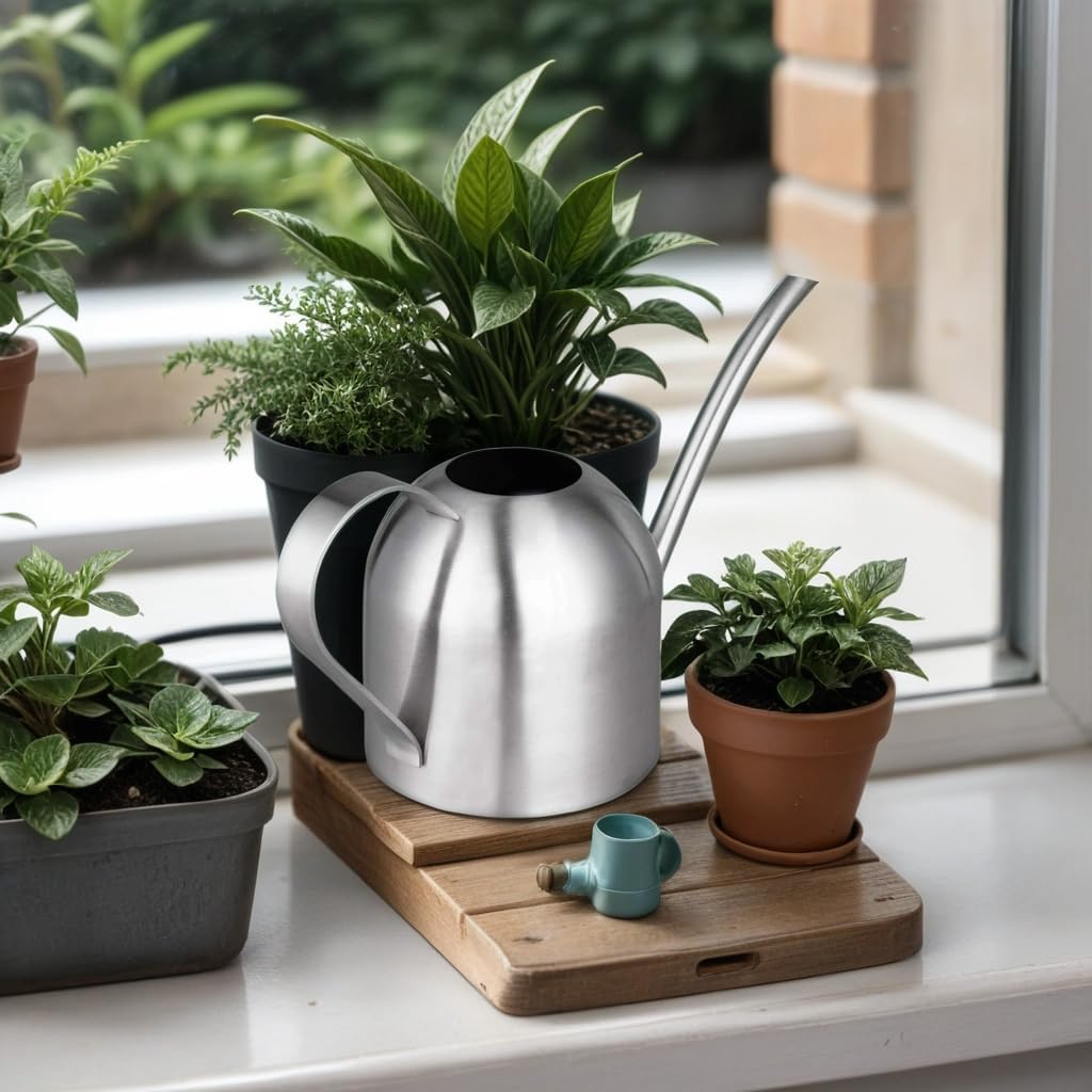 IMEEA Indoor Watering Can for House Plants 33oz/1L Brushed Stainless Steel Watering Can with Long Spout for Succulents, Bonsai