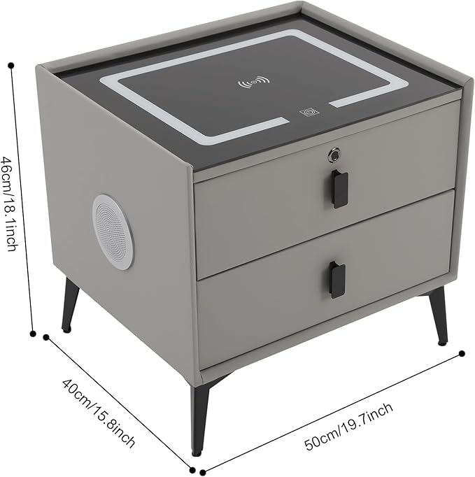 Smart Nightstand w/Fingerprint Lock Drawers, Smart Bedside Table w/USB Charging