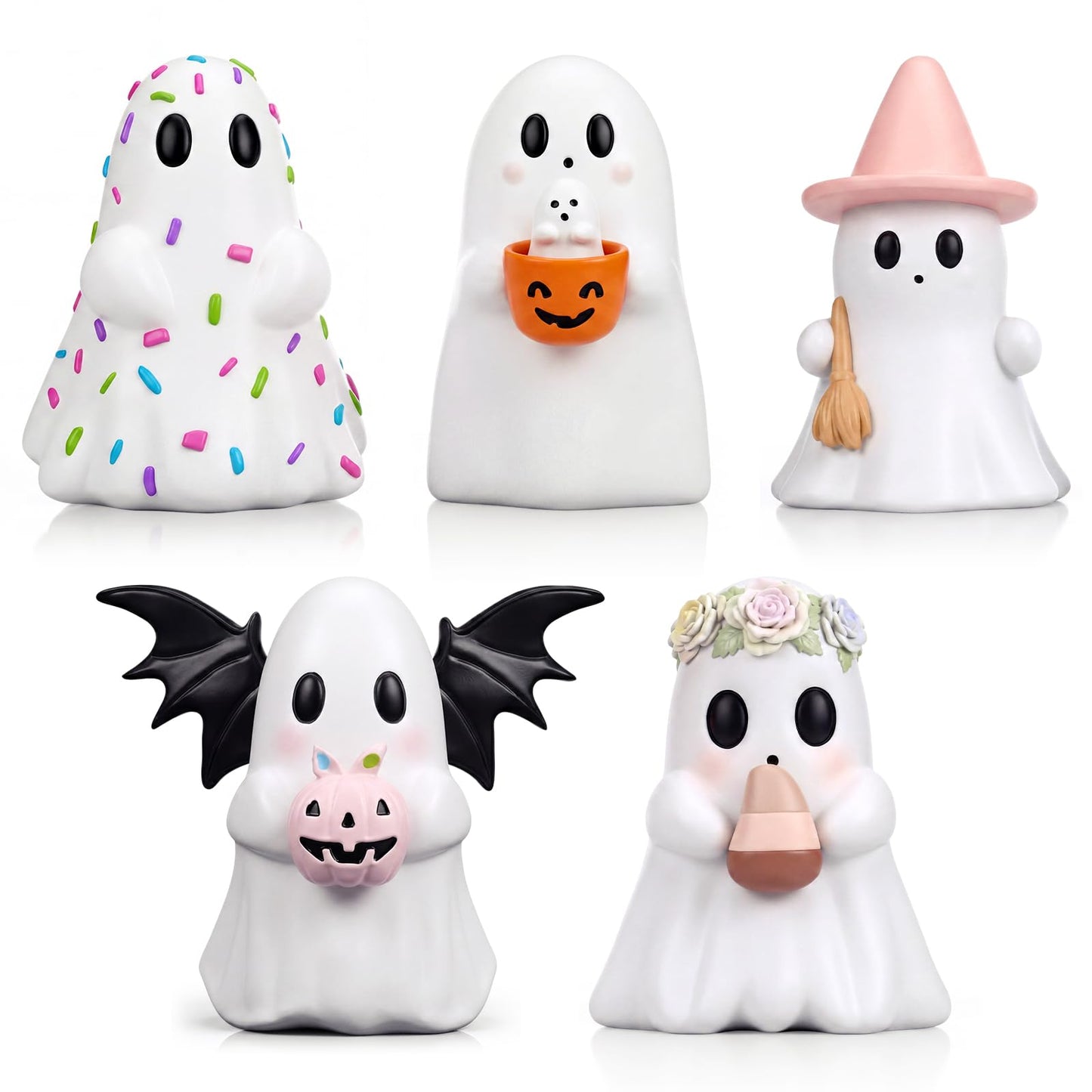 Simgoing 5 Pcs Halloween Cute Ghost Figurines Resin Pastel Halloween Decorations Ghost Figurine with Pumpkin Bucket, Witch Hat, Bat, Candy, Flower Spooky Statue Home Decor for Table Tiered Tray Mantel