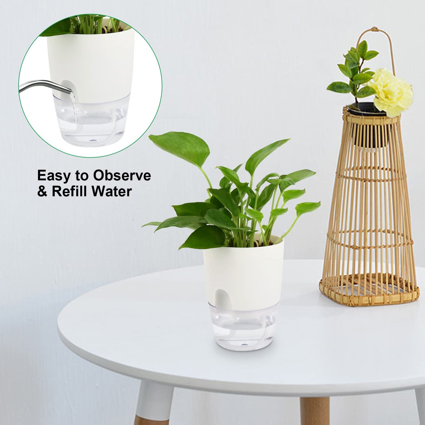 ShineMe Self Watering Pots, 5 Pack Self Watering Planters for Indoor Plants, 4.1 inch Plastic Plant and Flower Pots for African Violets, Herbs, Aloe, Peace Lily with Absorbent Cotton Rope