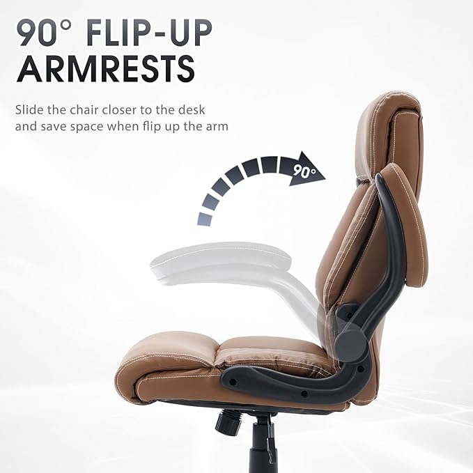 High Back Office Chair with Flip-up Armrests, Leather Comfy Desk Chair with