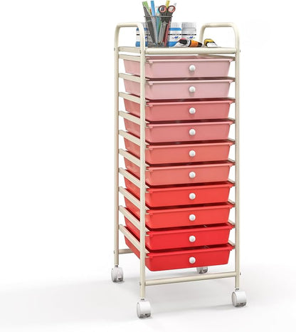Giantex 10-Drawer Storage Cart w/Universal Wheel, Rolling Cart w/Handle, Home Organizer Storage Unit w/Removable Drawers, Trolley Utility Cart for Kitchen Makeup Living Room Office Play Room
