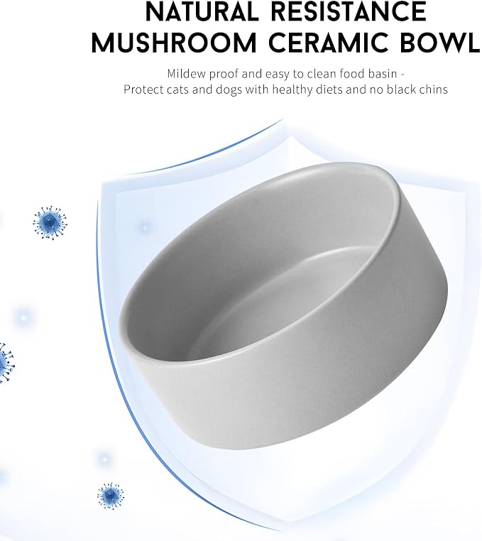 Mowtanco Grey Ceramic Dog & Cat Bowl Set – 13.5 OZ with Wooden Stand, Non-Slip, Elevated Design for Small Dogs & Cats – 2 Bowls (Food & Water, Ceramic Pet Bowls, Modern Dog Bowls)