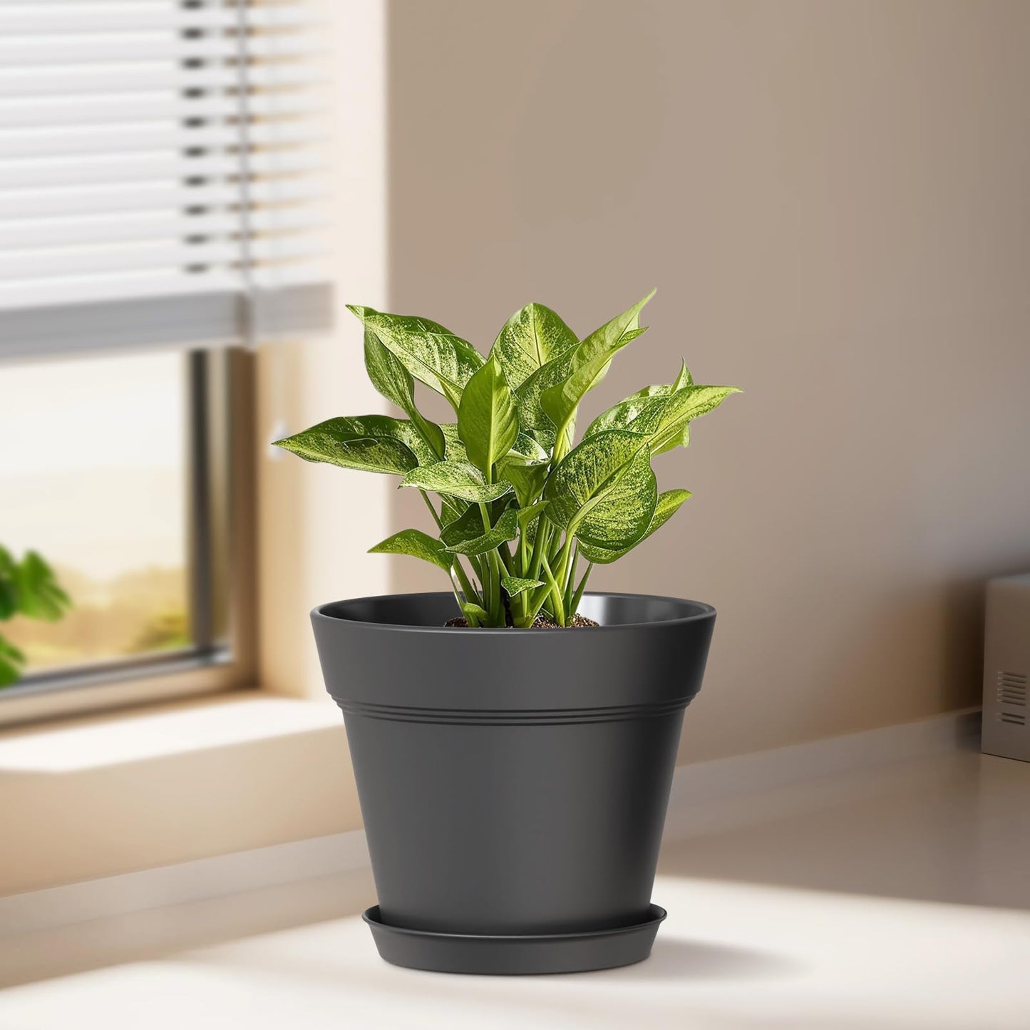 WSMKSZ 5 Inch Plastic Plant Pots with Drainage Holes and Trays – 6 Pack Small Nursery Pots for Indoor & Outdoor House Plants and Flowers, Seedling Starter Planters, Matte Black