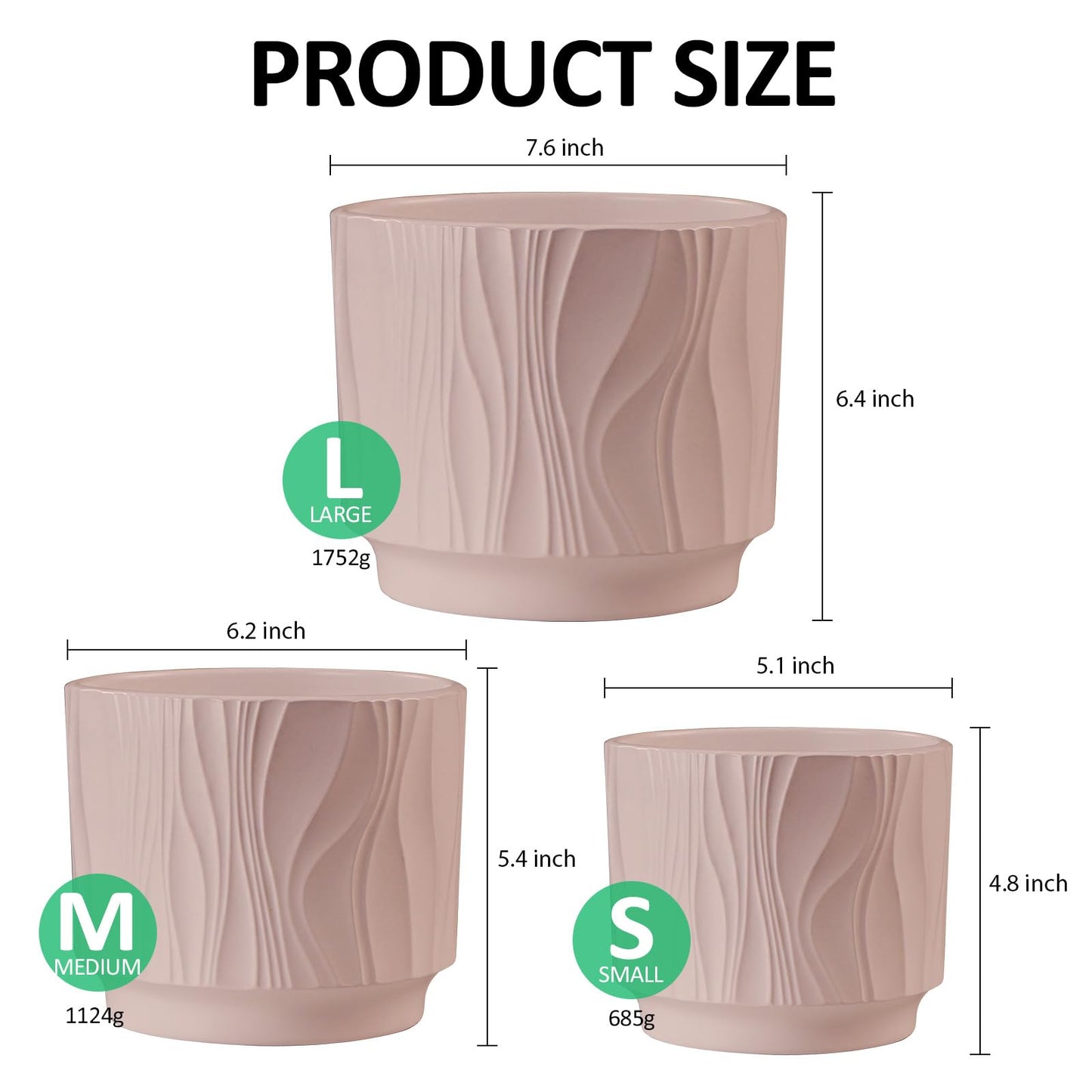 OXART Ceramic Planter with Drainage, 7.6+6.2+5 inch Plant Pot, Set of 3, Round Flower Pots for Intdoor Outdoor Plants, Home, Office, Garden, Lilies, Cacti, Succulents, Snakes, and Pothos, Pink