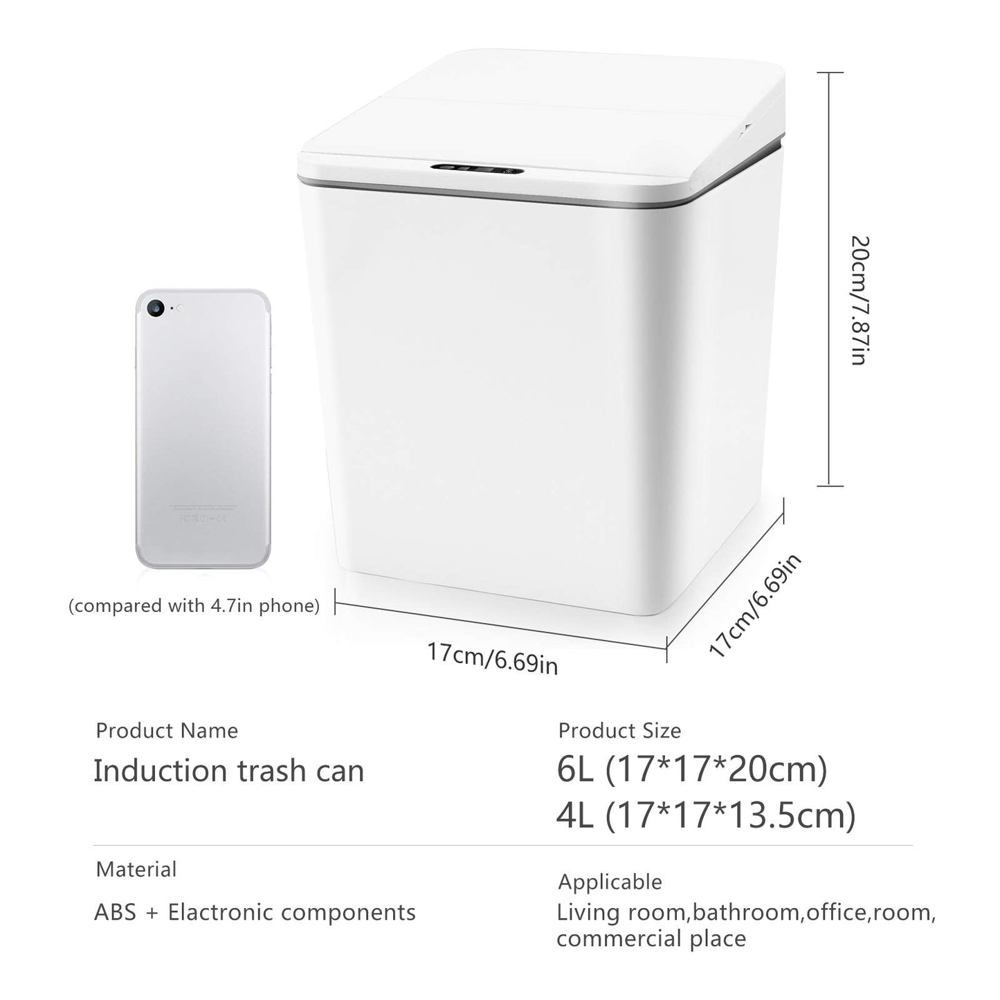 FEBHBRQ Automatic Small Countertop Trash Can, Rechargeable Mini Desktop Waste Bin with Lid for Office Desk/Bedside Table/Coffee Bar, White-1.5 Gal