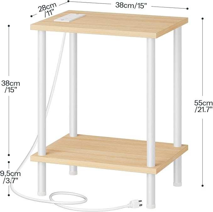 HOOBRO Side Table with Charging Station, Nightstand with 2-Layer Storage Shelves