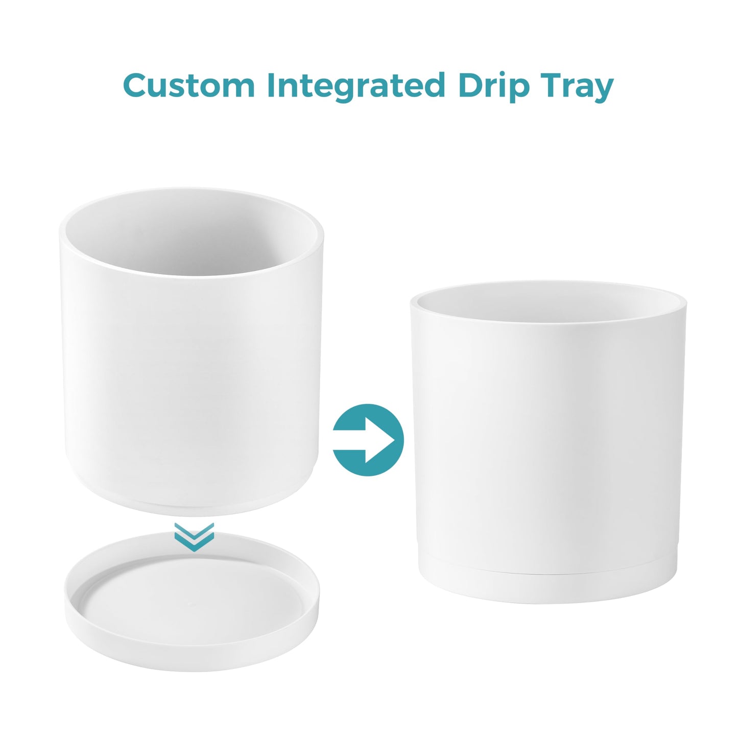 FaithLand 10-Inch Modern Cylinder Planter, Thick-Walled Plastic Plant Pot with Drainage Holes and Detachable Saucer, Matte White, Ideal for Indoor & Outdoor Plants Flowers