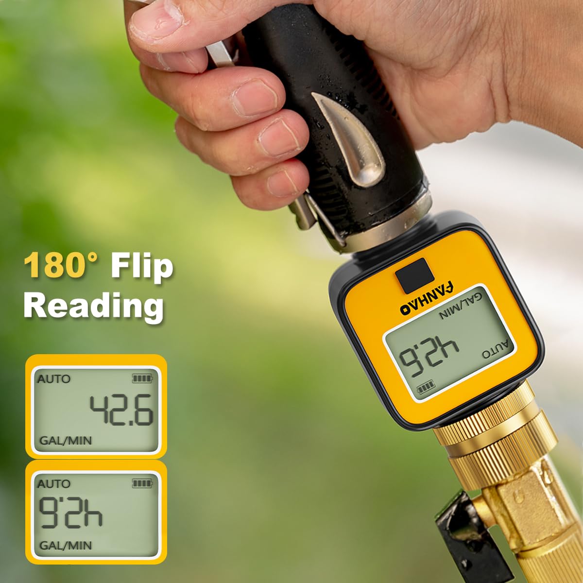 FANHAO 2 Pack Water Flow Meter with Brass Inlet Metal Thread, Measure Gallon/Liter Consumption and Flow Rate, High Accuracy & IPX6 Waterproof for Outdoor Garden Hose Watering, RV Water Tank Filling