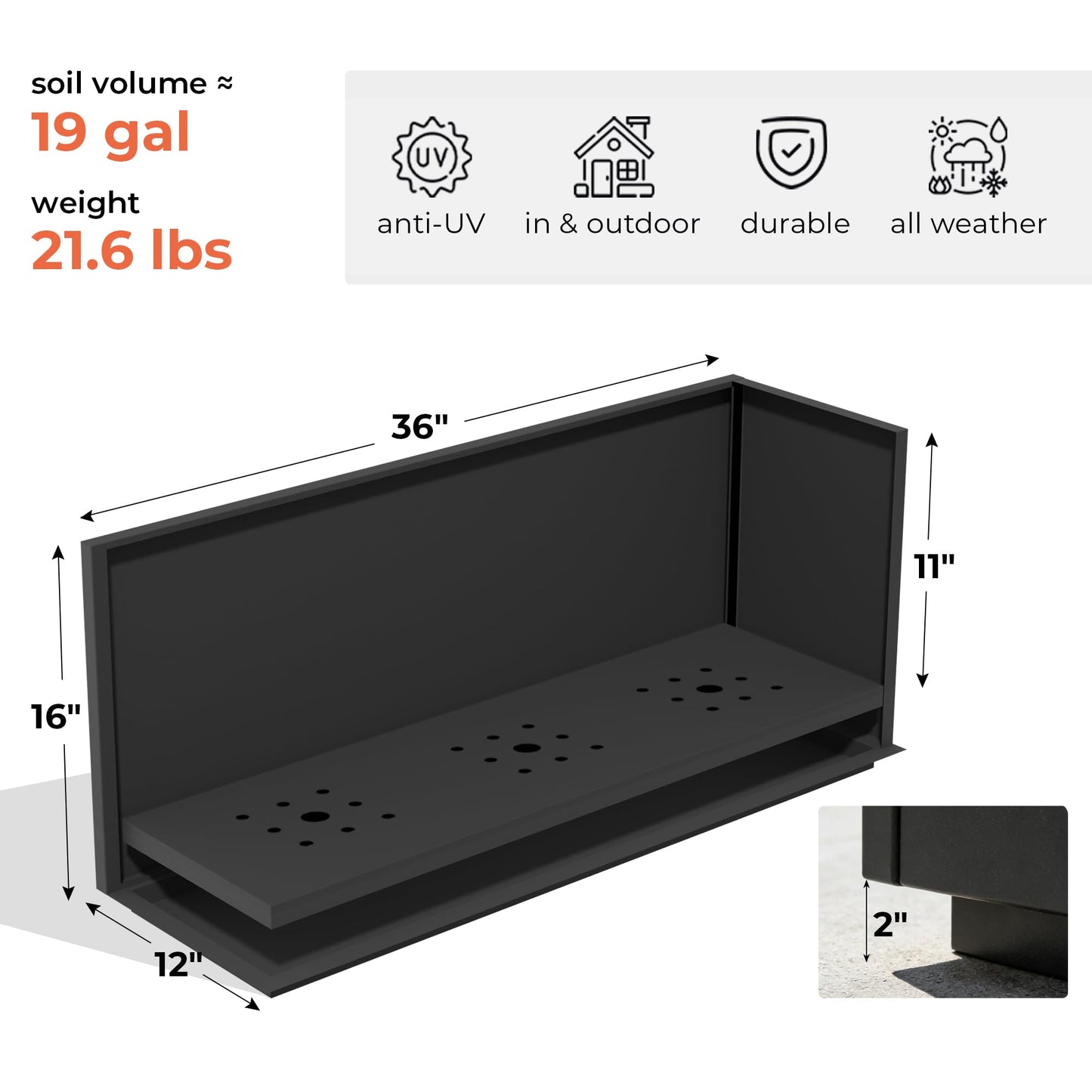 Worth Metal Rectangular Planter Box, 36"x12"x16" Matte Black Planter with Insert Shelf & Drainage Holes, Low Profile Plant Box for Patio, Garden, Deck, Easy to Install