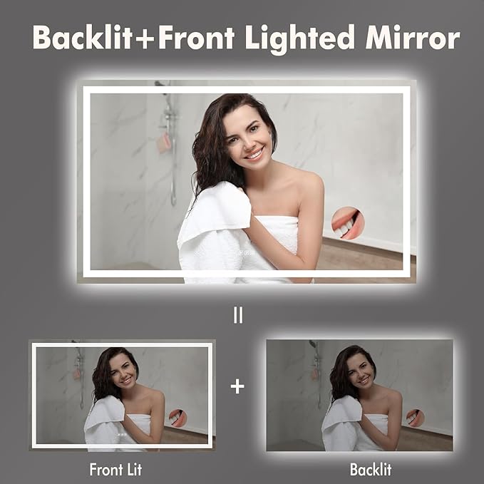 60 x 36 Inch Smart LED Bathroom Mirror，Dimmable Front + Backlit Illumination