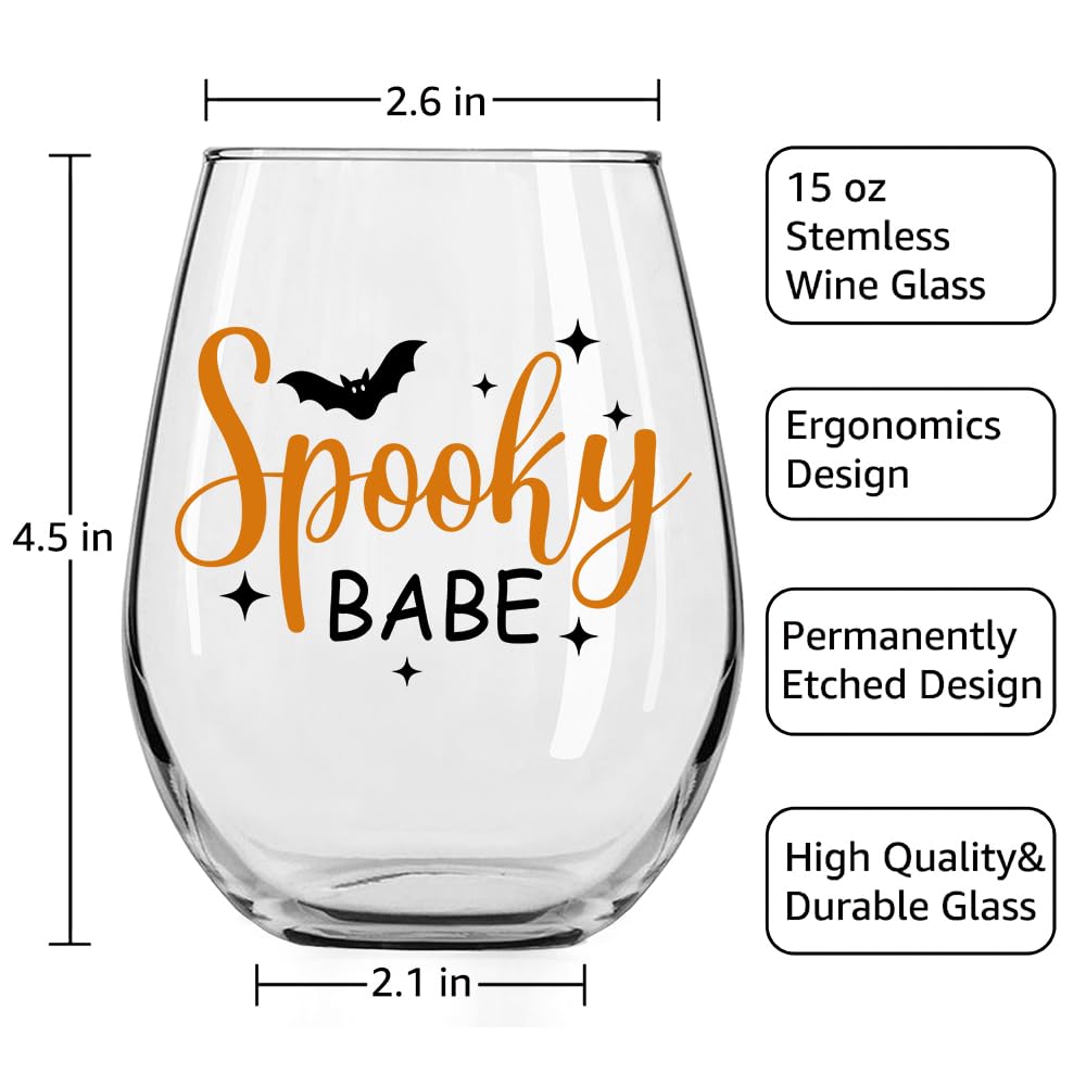 DYJYBMY Spooky Babe Halloween Stemless Wine Glass With Gifts Box, Funny Thanksgiving Halloween Gifts For Confidante Family Bestie Coworkers Men Women Friends, Clear Stemless Wine Tumbler For Couple