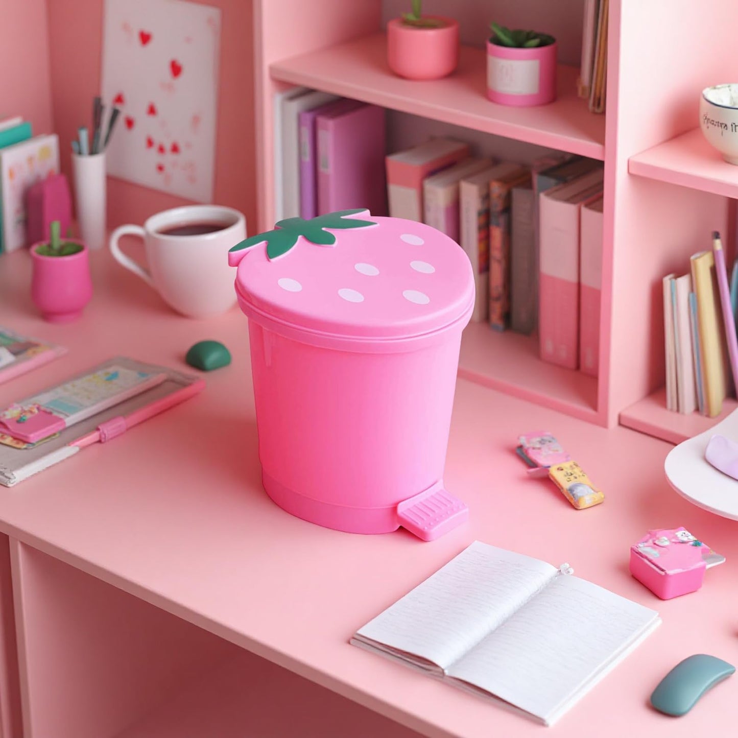 BxuxJar Strawberry Trash Can, 1 Gallon Small Pink Trash Cans with 0.3 Gallon Mini Garbage Can, Cutecore Room Decor Kawaii Cute Trash Can for Bedroom with 2 Rolls Garbage Bag and 3D Cartoon Stickers