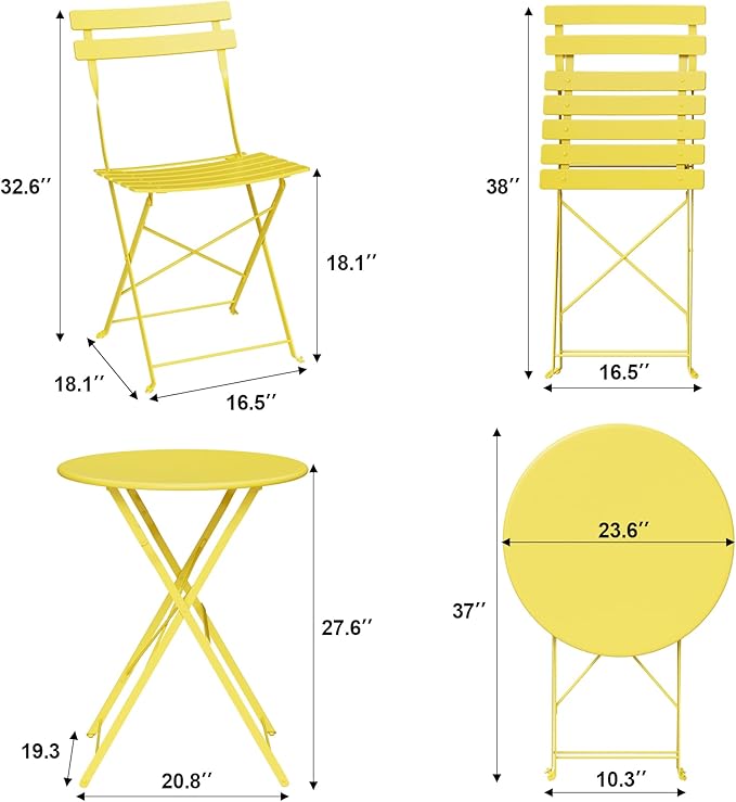 Bistro Table and Chairs Set of 2, 3 Piece Outdoor/Indoor Folding Patio Bistro