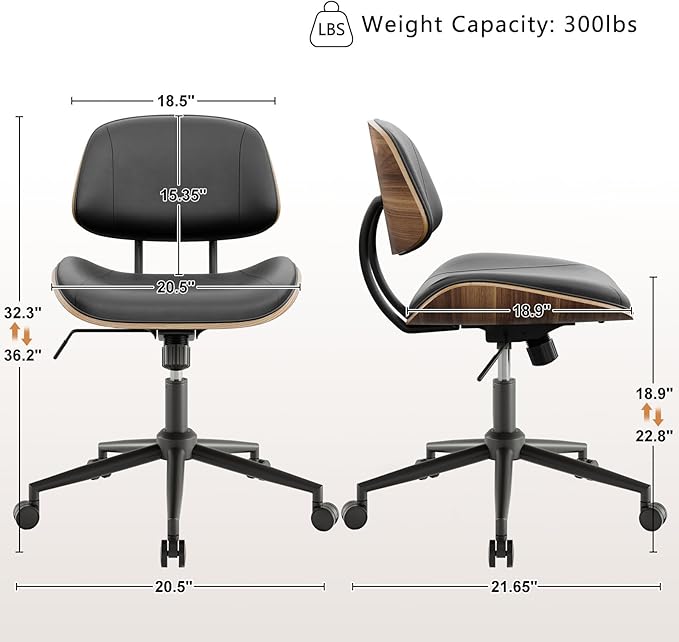 Armless Office Chair with Wheels, PU Leather Adjustable Height Desk Chair