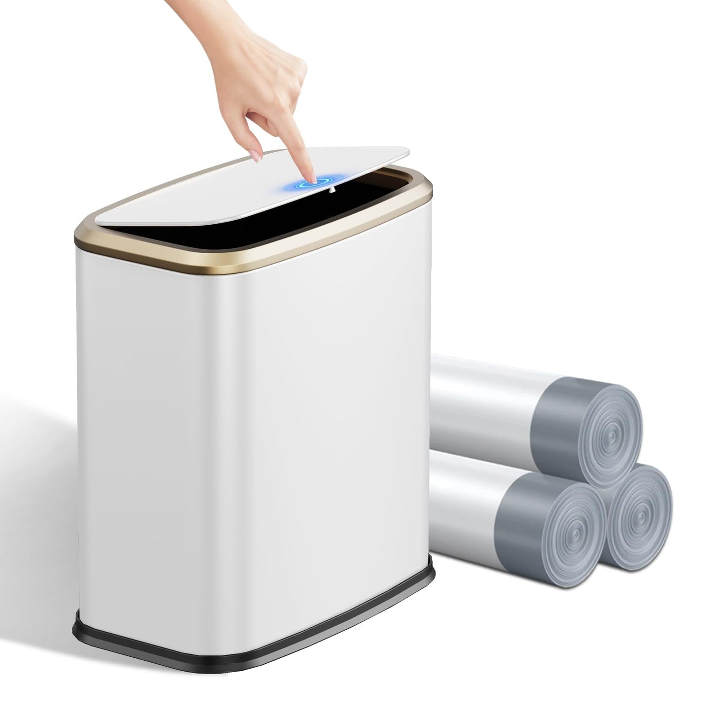 KHMMGK 2.1 Gallon Bathroom Trash Can with Lid Press Top, 8 Liter Stainless Steel Garbage Can with Press Type Lid, Slim Trash Bin Waste Basket for Toilet, Office, Bedroom, Living Room (White)