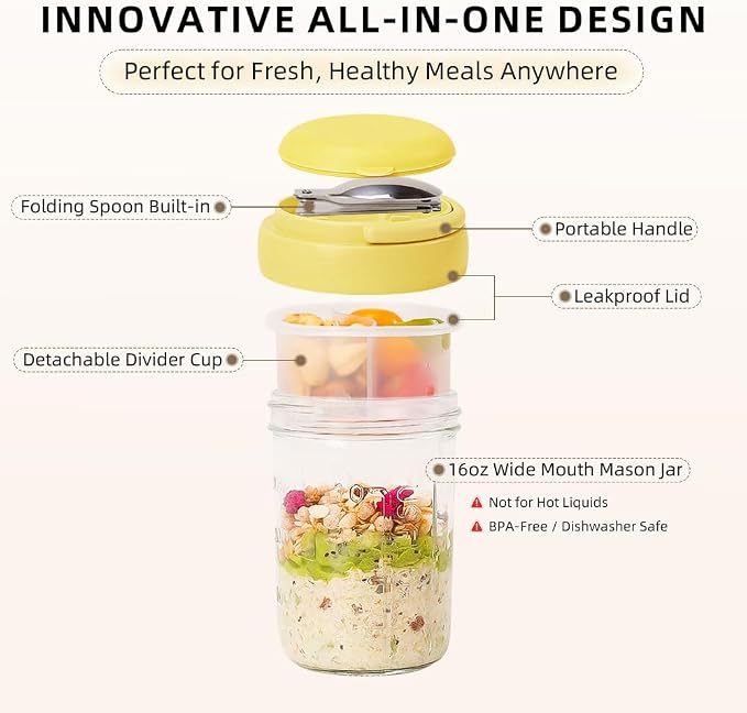 UWILLION Overnight Oats Containers with Lids and Handles, 16 oz Glass Mason Jars with Folding Spoons & Topping Compartments, Yogurt Parfait Cups for Meal Prep, Chia Pudding, Breakfast to Go, 2 Pack