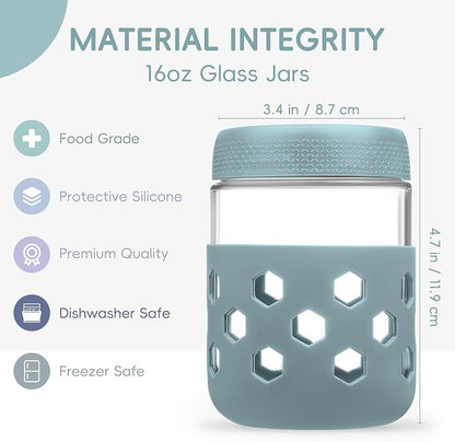 Gemice 6-Pack 16oz Glass Mason Jars with Silicone Sleeves, Airtight BPA-Free Overnight Oats Containers with Lids, Dishwasher Safe Leak-Proof Meal Prep Jars for Chia Pudding, Yogurt, Snacks
