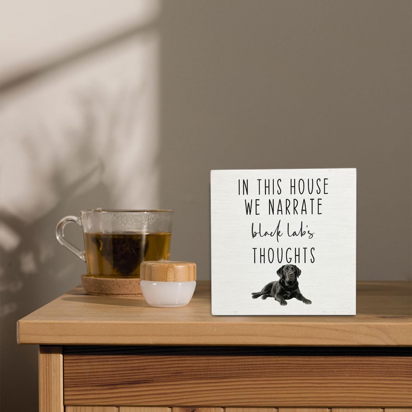 OVAcational Funny Black Labrador Retriever Dog Wooden Box Sign Desk Decor, This House We Narrate the Black Lab's Thoughts Wood Block Sign for Home Office Desk Table Shelf Wall Decorations, 5x5 Inch