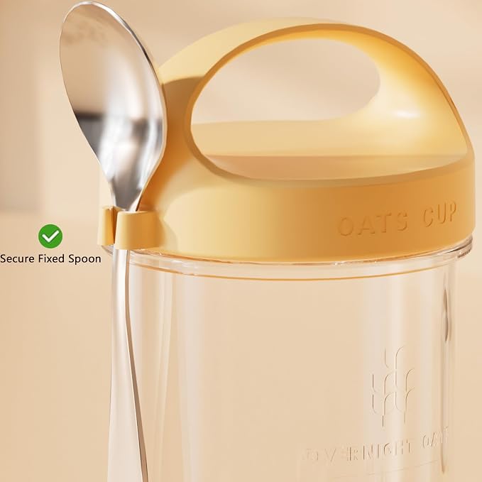 2Pack Overnight Oats Containers with Lids and Handle,14 oz Airtight Oatmeal Container,Mason Jars with Lid for Cereal,Milk,Fruit,Yogurt,On The Go Container,Salad Jars,Glass Jars (Yellow)
