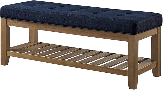 24KF Large Rectangular Upholstered Tufted Linen Fabric Ottoman Bench, Padded