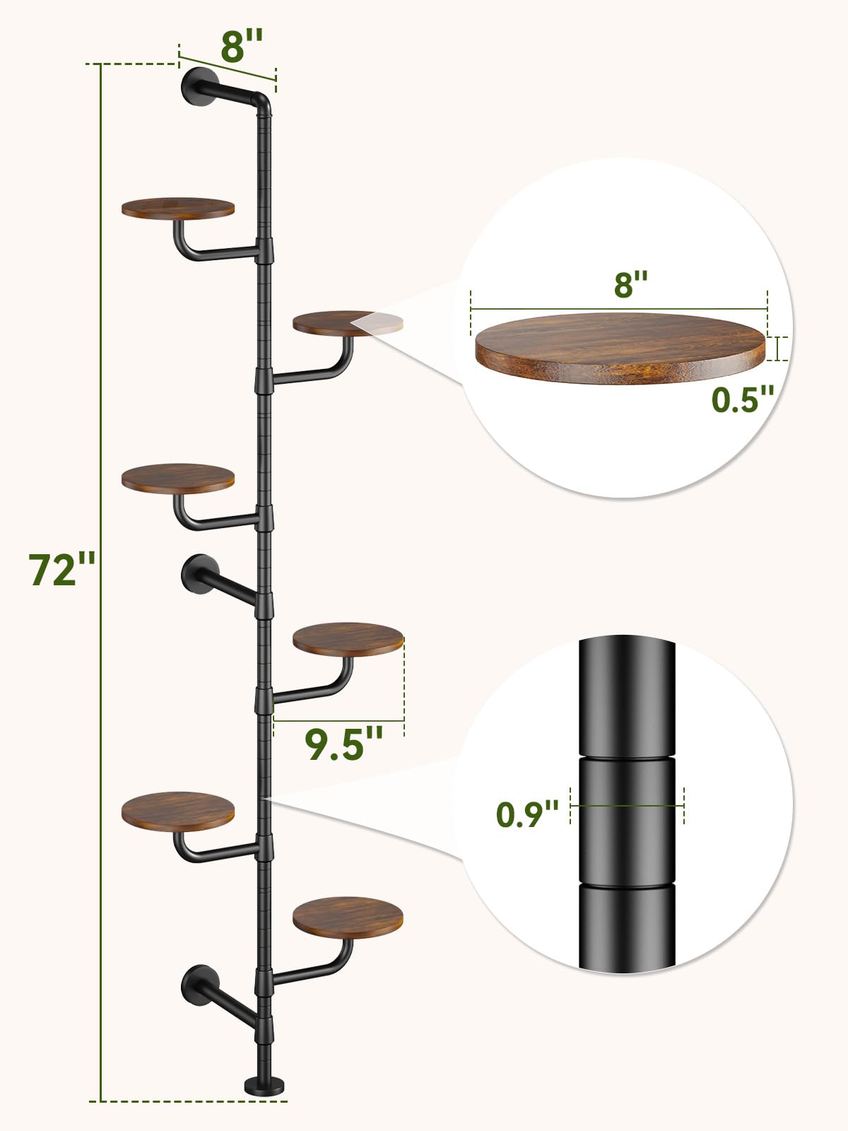 CYXPHION Plant Stand Indoor, 6-Tier Plant Shelf, Tall Wall Mounted Metal Pole & Rotating Wooden Board Plant Holder for French Window, Corner, Home Decor - C5