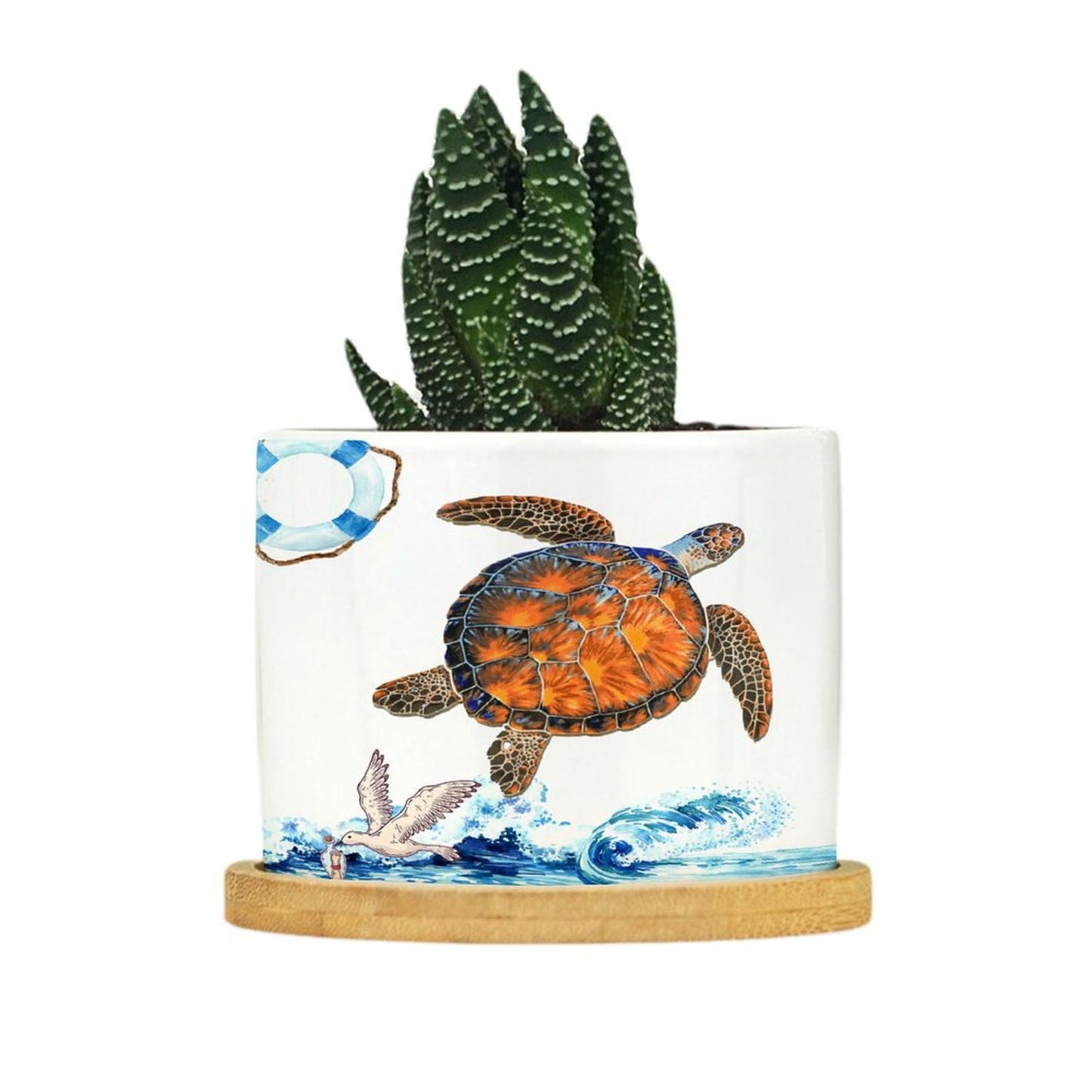 DreamAutumn Ocean Theme Sea Turtle Ceramic Pots for Plants with Drainage Holes Round Flower Pot Bamboo Tray Orchid Pot Succulents Pots for Outdoor Indoor Plants,Housewarming Gifts