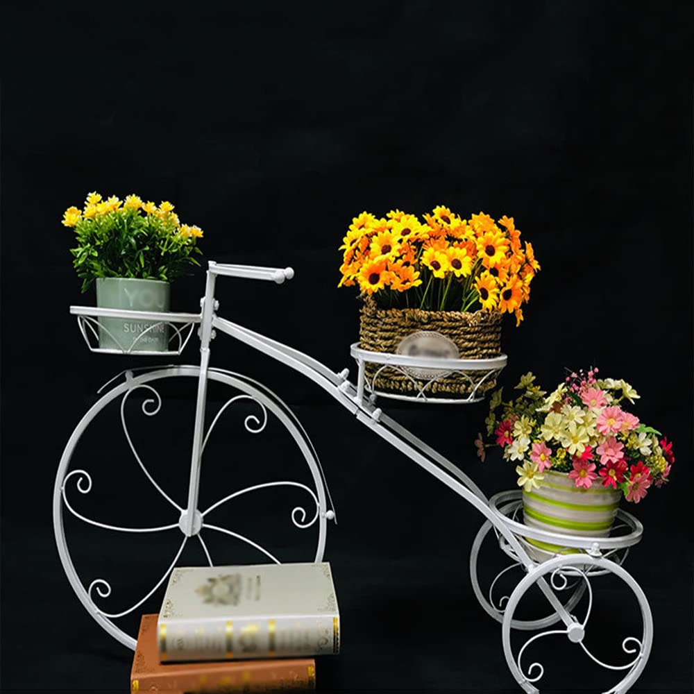 Iron Flower Plant Stand 3 Potted Bicycle Shape Garden Planters Rack Patio Metal Display Shelf Stand Indoor Outdoor (Black- Round) (20.1inh) (Black )
