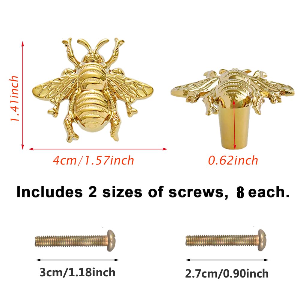 BAOTXHBR 8 pcs Bee Shape Cabinet Knob,Golden Cupboard Handles for Dresser Drawer Wardrobe Bathroom Furniture Door Decorative Pulls,with Screw (Golden)