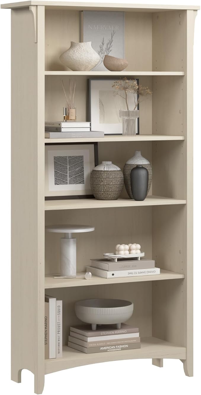 Bush Home Salinas 5 Shelf Bookcase in Antique White, Tall Bookshelf, Large Book