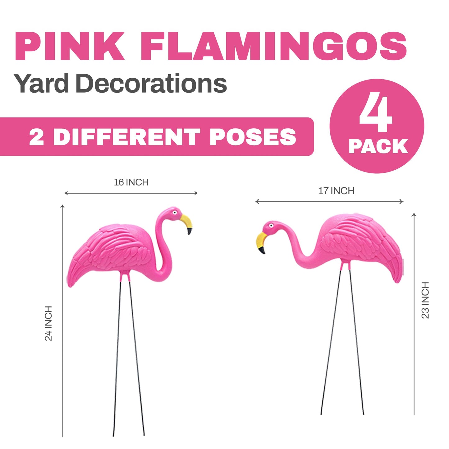 4E's Novelty 4 Pink Flamingos Yard Decorations - Extra Large 24" Flamingos Yard Ornaments - Pink Flamingos for Yard Sculptures & Statues - Lawn Flamingos Outdoor Garden Decor, Weather Resistant