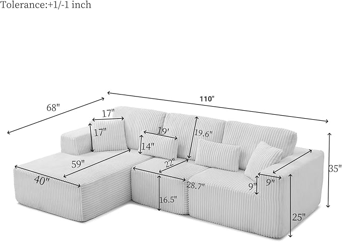 110" Cloud Sectional Couch, Modular Sectional Sofa