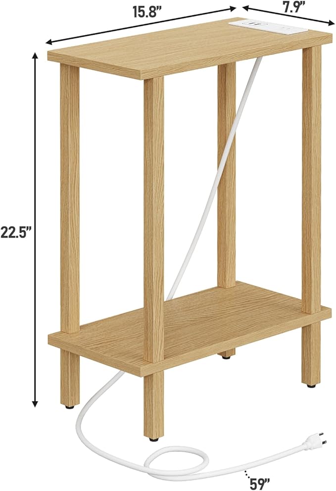 TUTOTAK Small End Table with Charging Station, Narrow Side Table with USB Ports