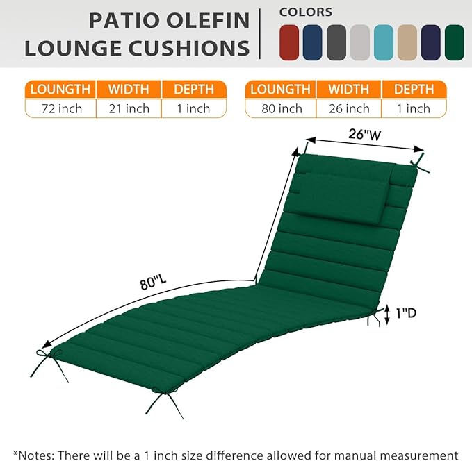 Sundale Outdoor Olefin Quilted Lounge Cushion Set of 2, Patio Foldable Chaise