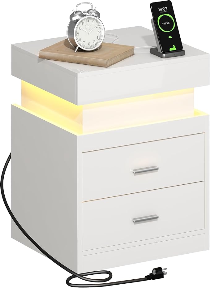 ChooChoo LED Nightstand Set of 2, Smart Night Standwith Charging Station and