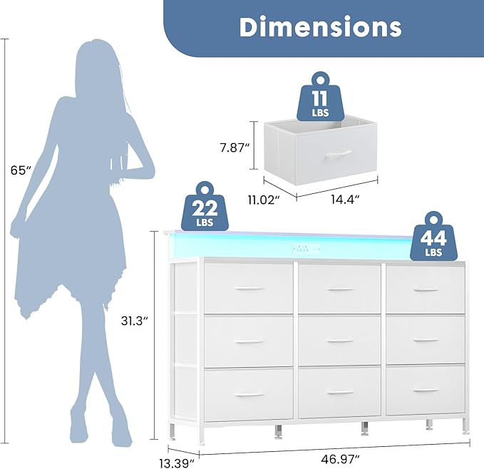 DUMOS TV Stand Dresser with 9 Fabric Drawers and Open Shelves, Entertainment