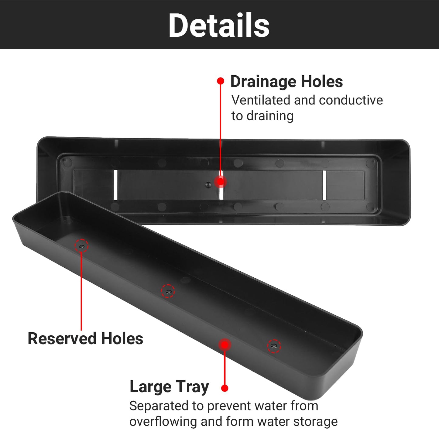 GREANER Window Boxes Planters with 4inch Colorful Plant Label, 3PCS 16x3.8 Inch Black Rectangle Planters Box with Drainage Holes and Trays, Herb Succulents Flowers Plastic Pot for Windowsill, Garden,