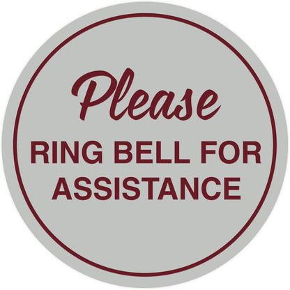Signs ByLITA Circle Please Ring Bell For Assistance Wall or Door Sign | Easy Installation | Front Desk Reception Sign (Light Grey/Burgundy) - Medium (1 Pack)