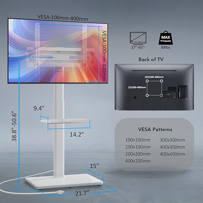 AX WABER Floor TV Stand with Power Outlet& Shelf, Universal TV Stand Mount