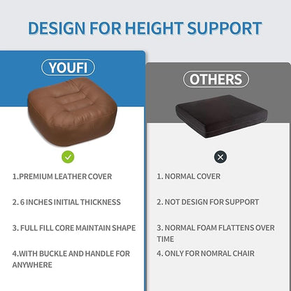 YOUFI Leather Seat Cushion Extra-Thick Booster for Office Chair to Rise Height - Full Filling for Support - with Breathable Cover, Handle and Buckle - Relieves Back Pain – 18"x16"x6" (Brown)