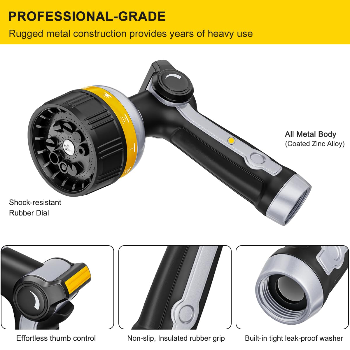 FANHAO Heavy Duty Garden Hose Nozzle, Metal Water Hose Sprayer with 10 Spray Patterns, Thumb Control, On Off Valve, High Pressure Water Nozzle for Plants Watering, Car and Pet Washing, Yellow