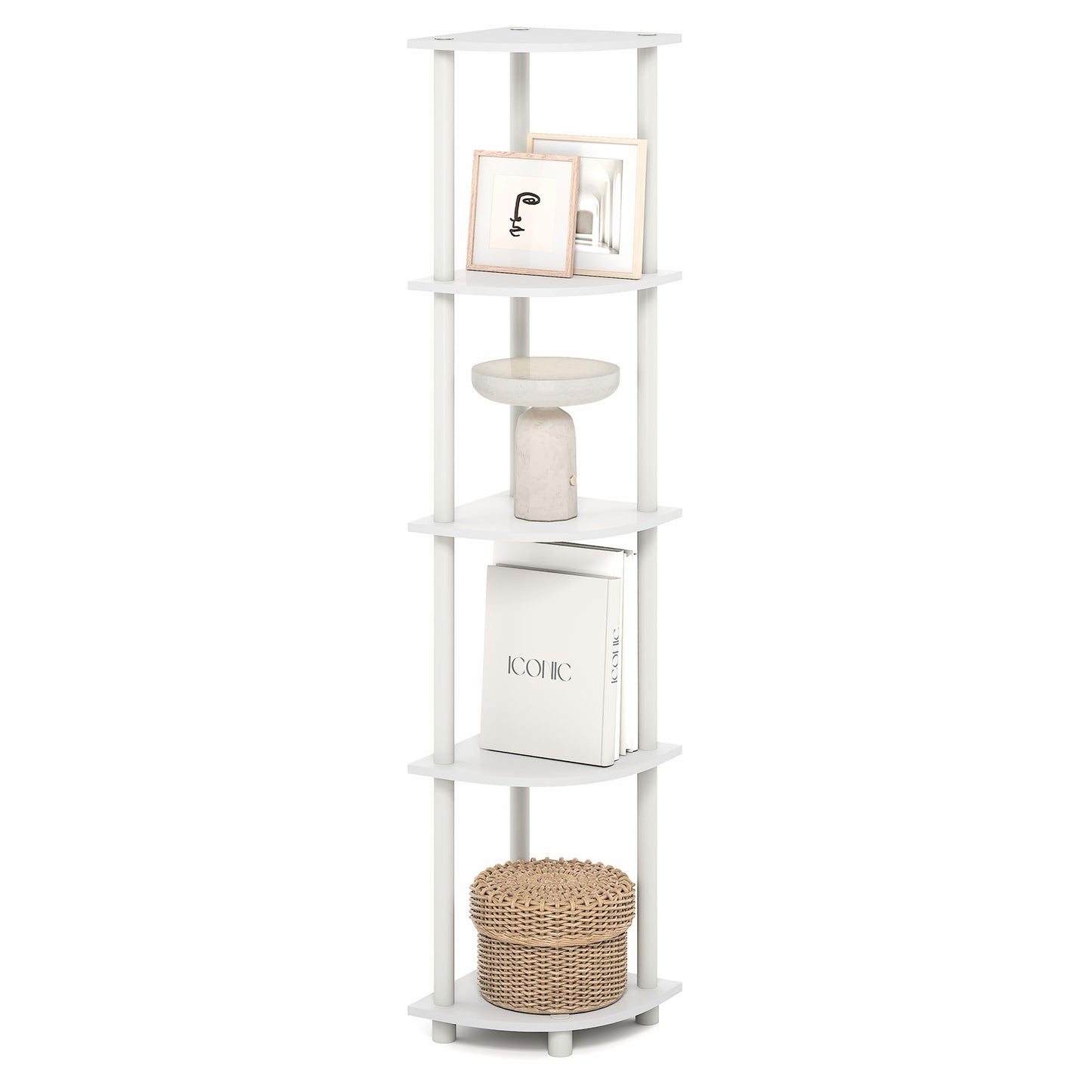 Furinno Turn-N-Tube Corner Shelf, 5-Tier Corner Bookshelf, Open Storage Shelves, for Organization and Storage, Living Room, Home Office, Garage, Bedroom, Plain White