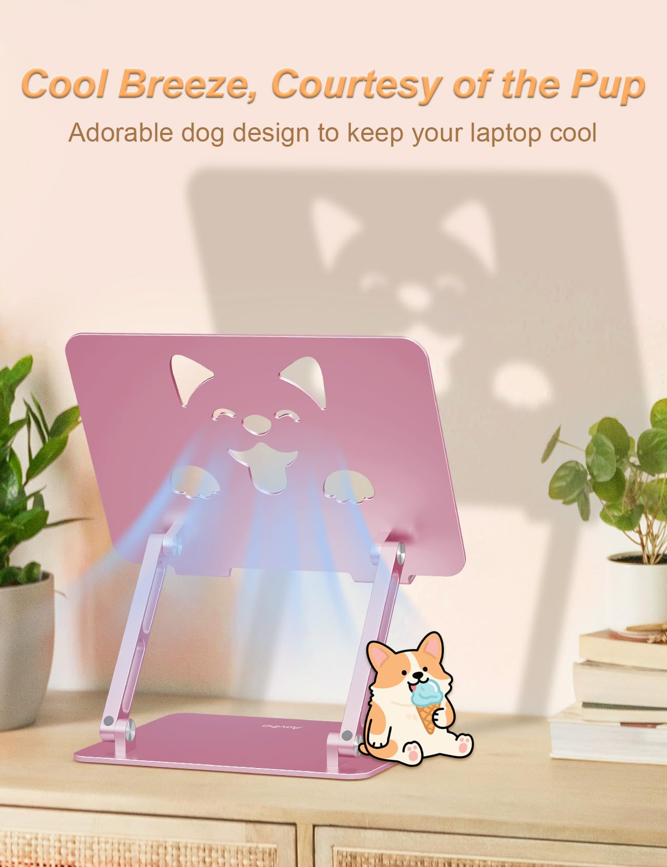Aoviho Laptop Stand For Desk-Adjustable, Foldable, Portable, Ergonomic Aluminum Notebook Riser with Unique Puppy Cooling Vent, Desk Gift for 10"-17.3" Devices Mac, Dell, HP, Lenovo, Samsung, Rose Gold