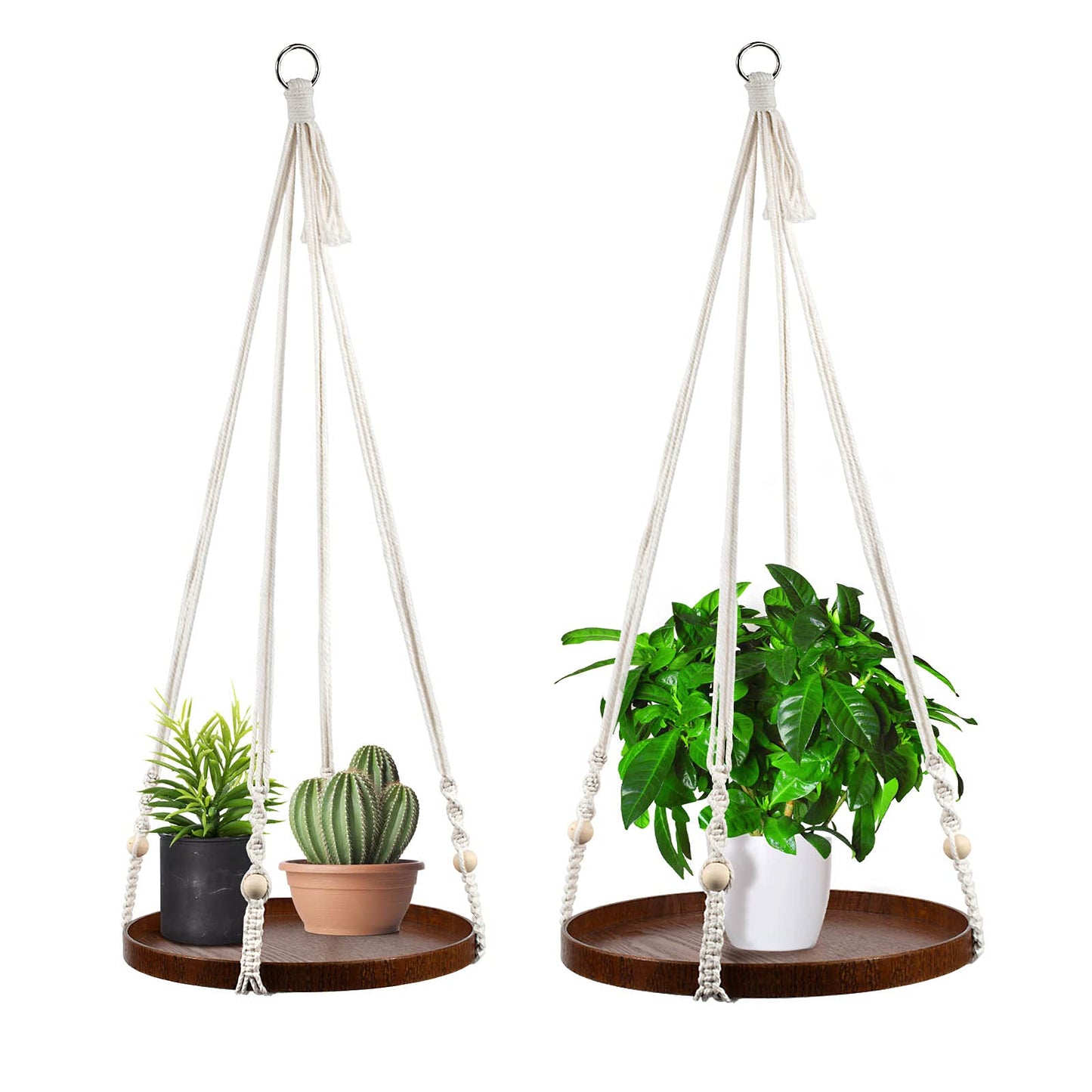 E-Know Macrame Plant Hanger - 2 Set Indoor Hanging Planter Shelf - Hanging Planter Rack Decorative Flower Pot Holder - Handmade Cotton Plant Hangers with Wood Tray Boho Home Decor