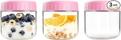 Overnight Oats Containers with Lids, 10oz Wide Mouth Mason Jars with Lids, 3 Pack Glass Jars with Airtight lid for Chia Pudding Yogurt Salad, Meal Prer Oatmeal Jars, Pink