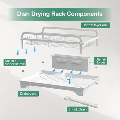 Dish Drying Rack,Dish Racks for Kitchen Counter, Metal Dish Drainer with Adjustable Drainage Spout, Removable Knife and Fork Holder (White)