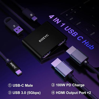 KOZYC USB C to Dual HDMI Adapter 4K@30Hz, USB C Hub Multiport Adapter with 2xHDMI, USB 3.0, 100W PD, Support USB C to HDMI Splitter Extended Display (MST Only Support Windows), Black