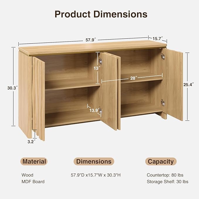 Fluted Cabinet with 3D Ripple Doors, 57.9" W Storage Cabinet with Adjustable