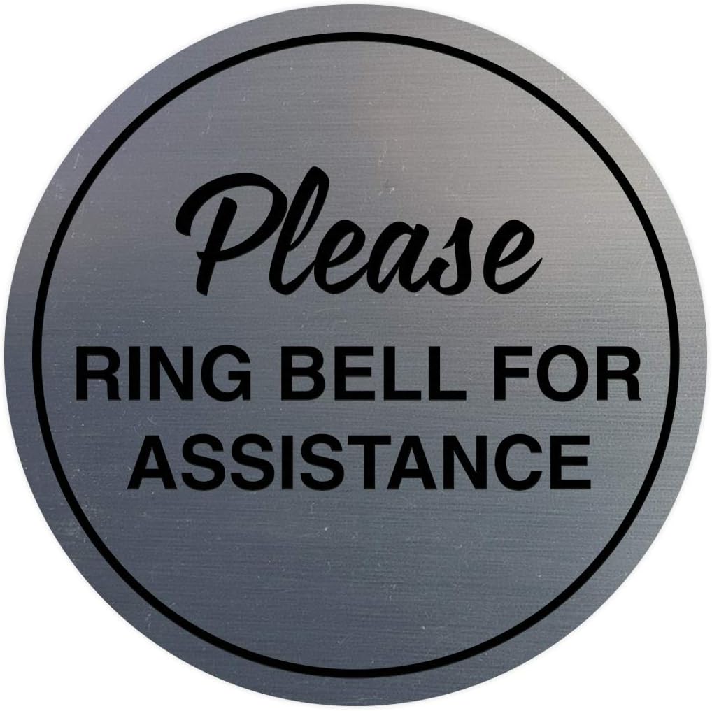 Signs ByLITA Circle Please Ring Bell For Assistance Wall or Door Sign | Easy Installation | Front Desk Reception Sign (Brushed Silver) - X-large (2 Pack)