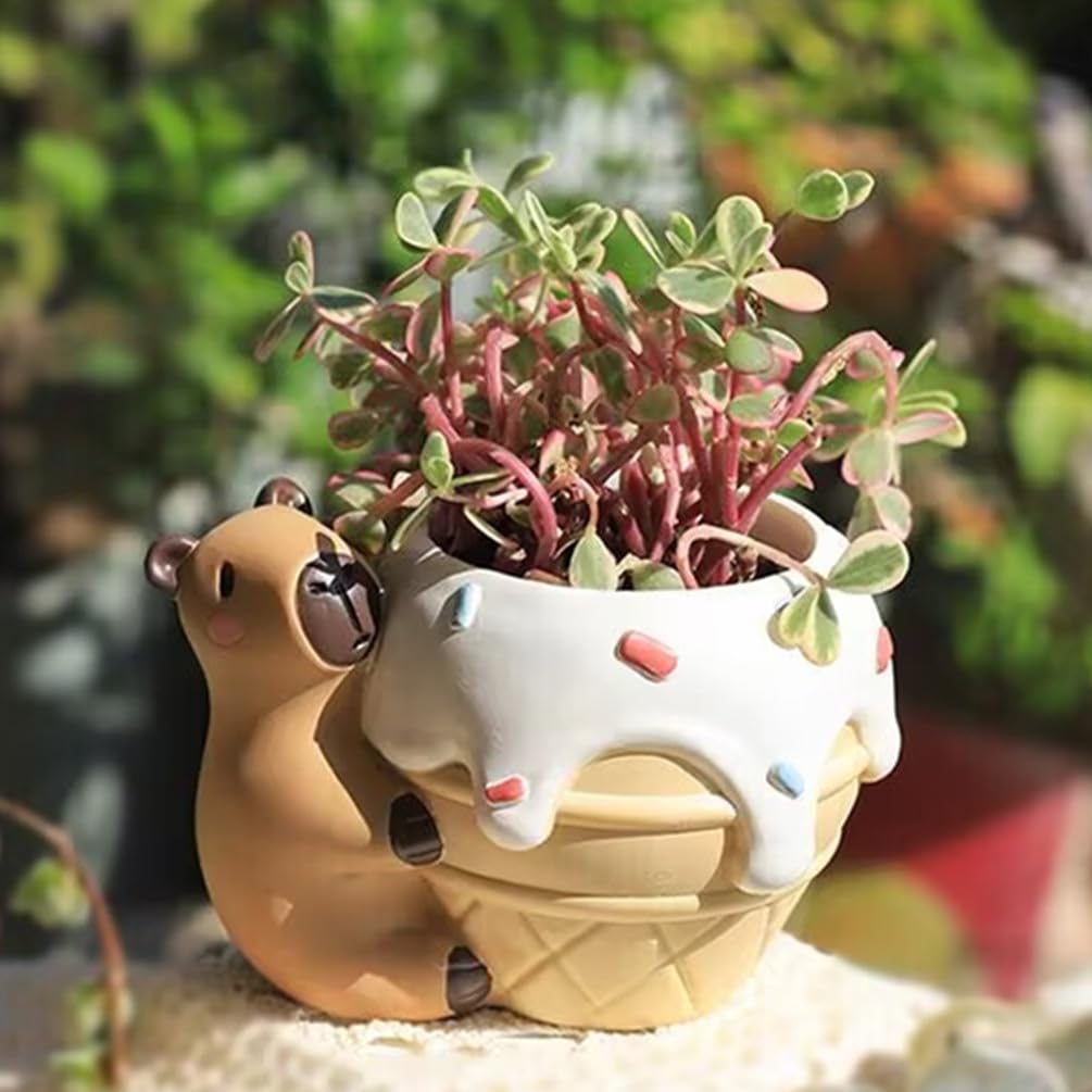 SPEALLOY Capybara Resin Succulent Planter Set of 2 - Mini Garden Decor with Drainage Holes (4.1"x2.75", for Plant Lovers)